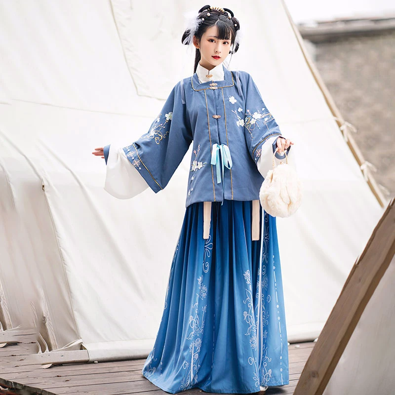 

Женский синий костюм Hanfu из 3 предметов в китайском стиле, традиционный осенне-зимний костюм династии Мин, элегантная женская одежда в стари...