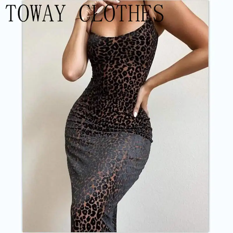 

Spaghetti Strap Sleeveless Leopard Print See Through Flocking Bodycon Cami Dress Chic Midi Summer Dresses For Women 2021