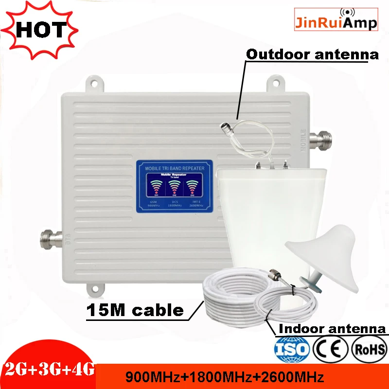GSM 900 DCS/LTE 1800 FDD LTE 2600 2G 3G 4G трехполосный ретранслятор мобильного сигнала 70 дБ