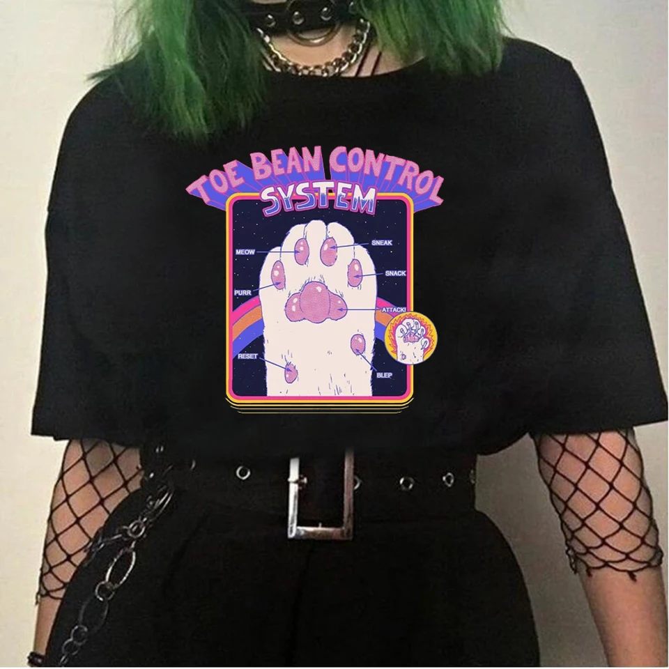 

New Kawaii printed women's jacket cartoon pattern printed T-shirt fashion O-neck short-sleeved women's black T-shirt T-shirt.