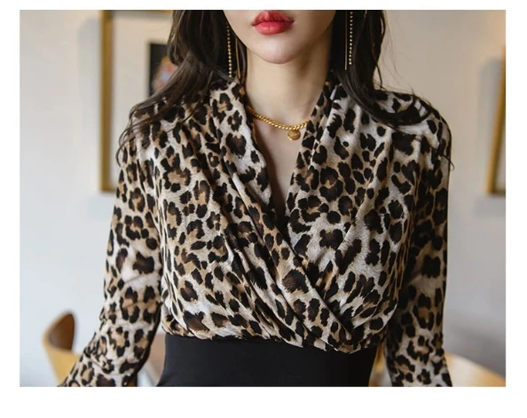 

Sutimine Korean Dress Women Sexy Deep V-neck Long Sleeve Dress Bodycon Plus Size Tight Bodycon Workout Leopard Dress for Women