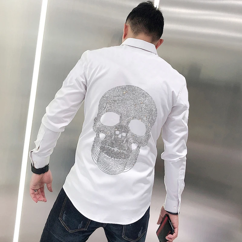 Luxury Hot Diamond Design Skull Men's T-Shirt Button Work Clothes Spring Lapel Business Oversized Long Sleeves