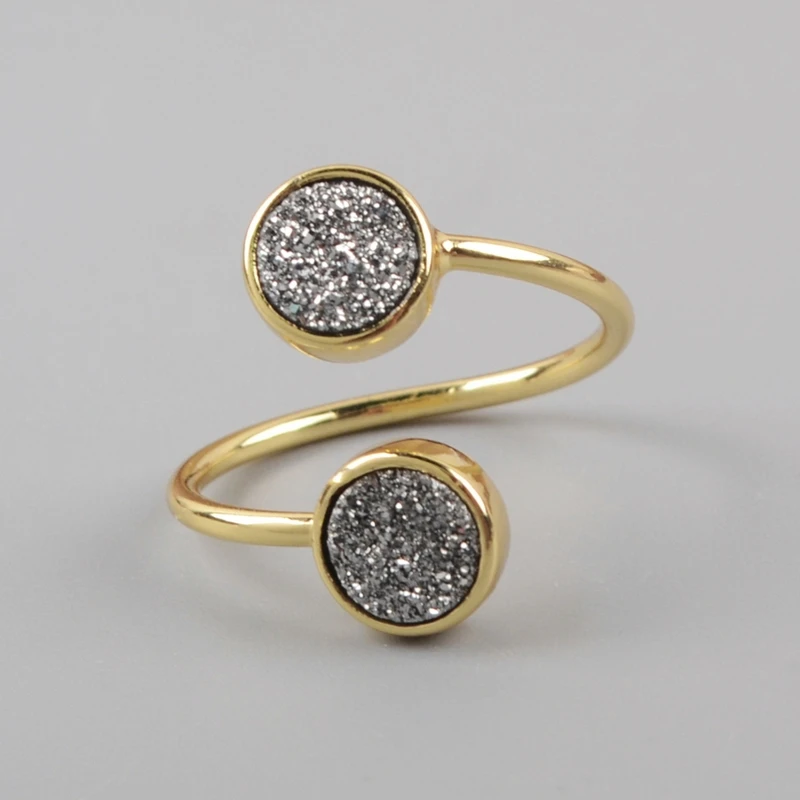 Natural Agates Double Stone Rings Multi-Colors Druzy Adjustable Ring Pink Black Drusy Women Friendship Gift Dropship | Украшения и