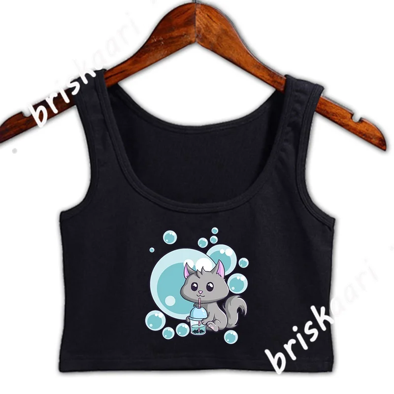 

УКОРОЧЕННЫЙ ТОП Kawaii с изображением кота, чая с пузырьками в стиле аниме, Боба, Неко, Китти, женские топы, весенние, размера плюс, 3xl, майка для ф...
