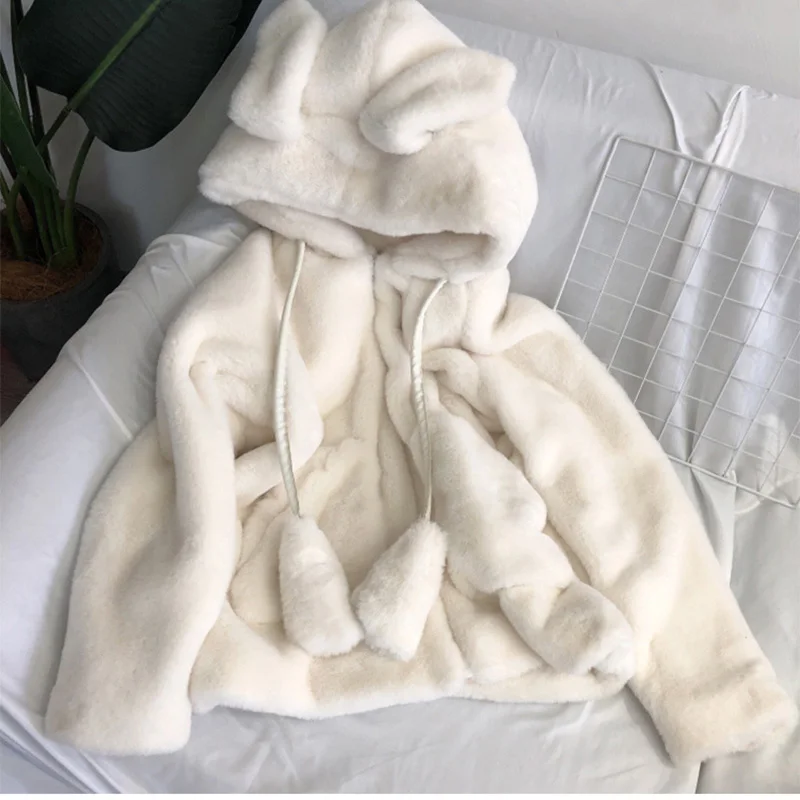 Moving Ears Korean Faux Rabbit Fur Plush Coat Women Winter Thick Furry Jacket Biker Woman White Hooded Pocket Oversized Shelter