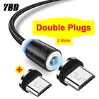 Двойной Магнитный кабель Micro USB YBD, 2 метра, для Samsung, Xiaomi, Redmi, Huawei, Honor, магнитное зарядное устройство мобильный телефон, USB зарядный шнур