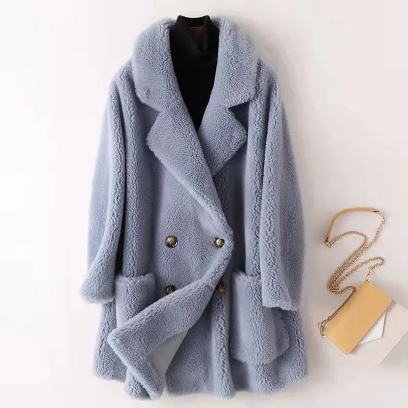 Real Fur Coat High Quality Australian Womens Wool Coats Thick Warm Elegant Loose Large Size Long Outwear Winter Coat For Women