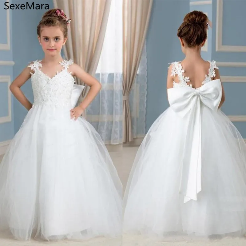 New White Flower Girl Dresses For Wedding Lace Tulle Kids Cloth Girls Pageant Gowns Birthday Party Dress with Big Bow