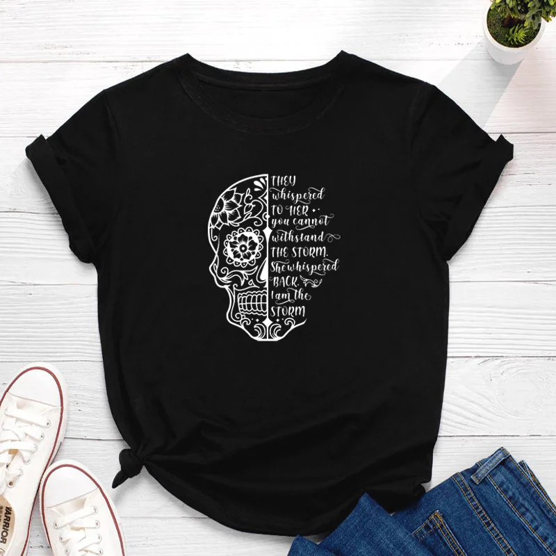 

Череп голова с буквенным принтом женская футболка с коротким рукавом и круглым вырезом, Свободная Женская футболка женская футболка Топы, о...