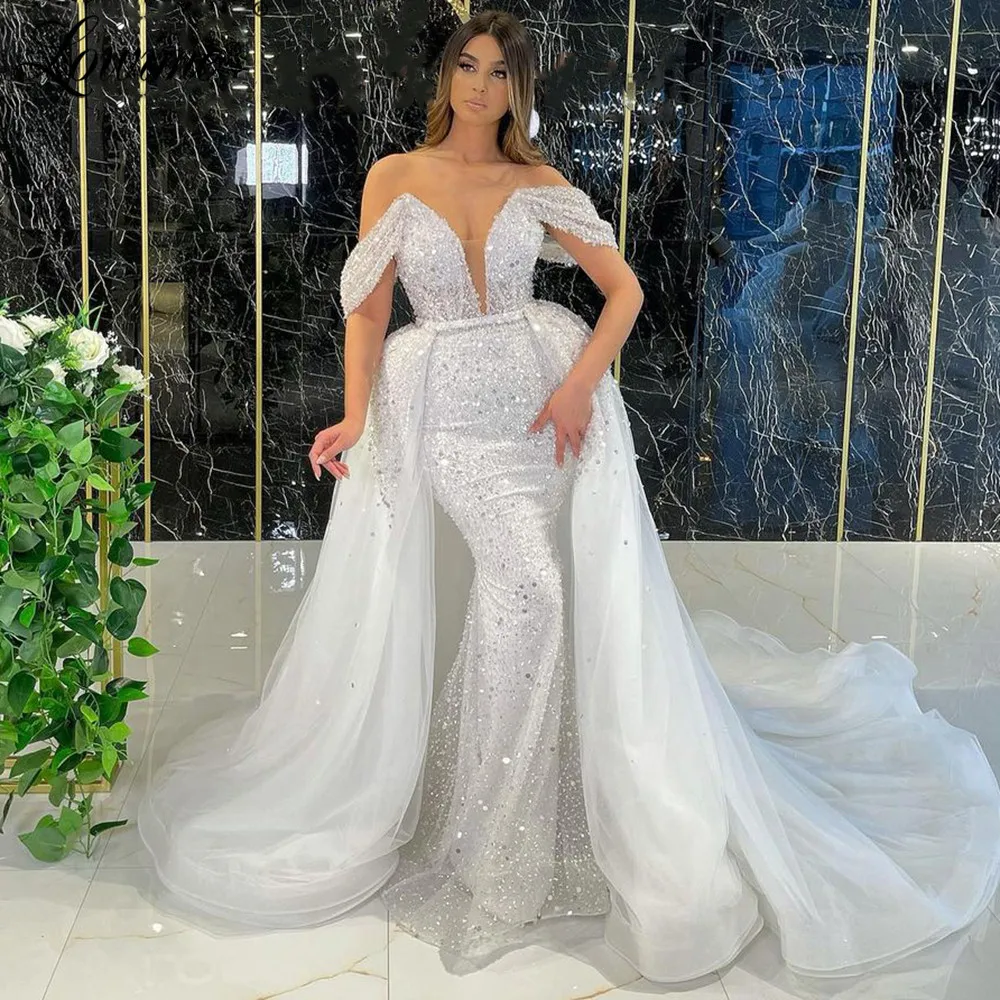 

Lowime Beads Ivory Long Dubai Evening Dresses With Detachable Skirt 2021 Mermaid Middle East Women Party Gowns Robes Prom Dress