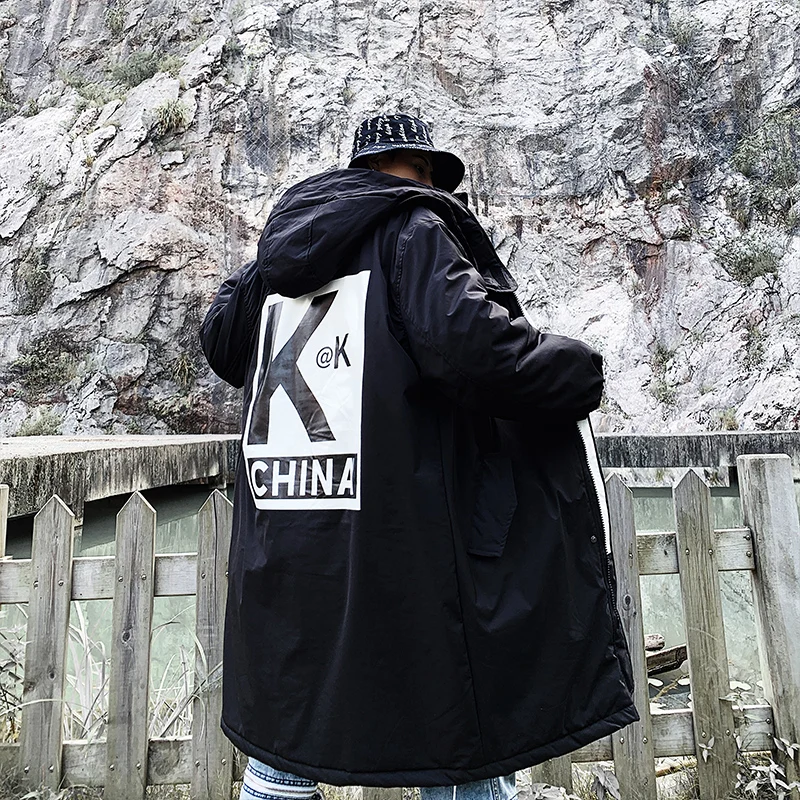 

M-5XL!Winter country tide personality letter printing men's long hooded cotton jacket jacket.