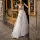 Пляжное свадебное платье А-силуэта, блестящее кружевное платье с глубоким V-образным вырезом и открытой спиной, с 3D цветочной аппликацией, без рукавов, свадебное платье с бантом и поясом на заказ