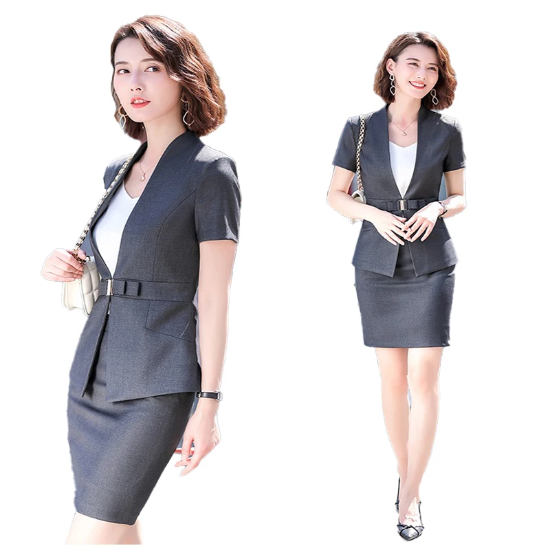 Female Elegant Formal Office Work Wear Summer Women Business Skirt Suits and Jacket Sets Ladies Clothes Short Sleeve Grey Blazer | Женская