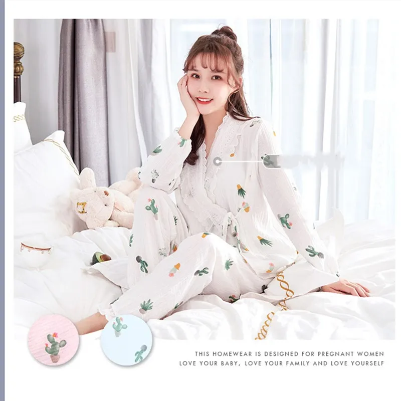 

XIFER Confinement Pregnant Women Nursing Pajamas Spring and Autumn Cotton Gauze Breathable Maternal Postpartum Home Service