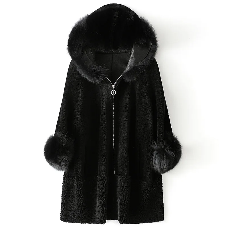 Winter 100% Wool Fox Fur Collar Women's Red Fashionable New Hoodie Coats Sheep Shearing Coat Autumn Black Wool Fur Outwear