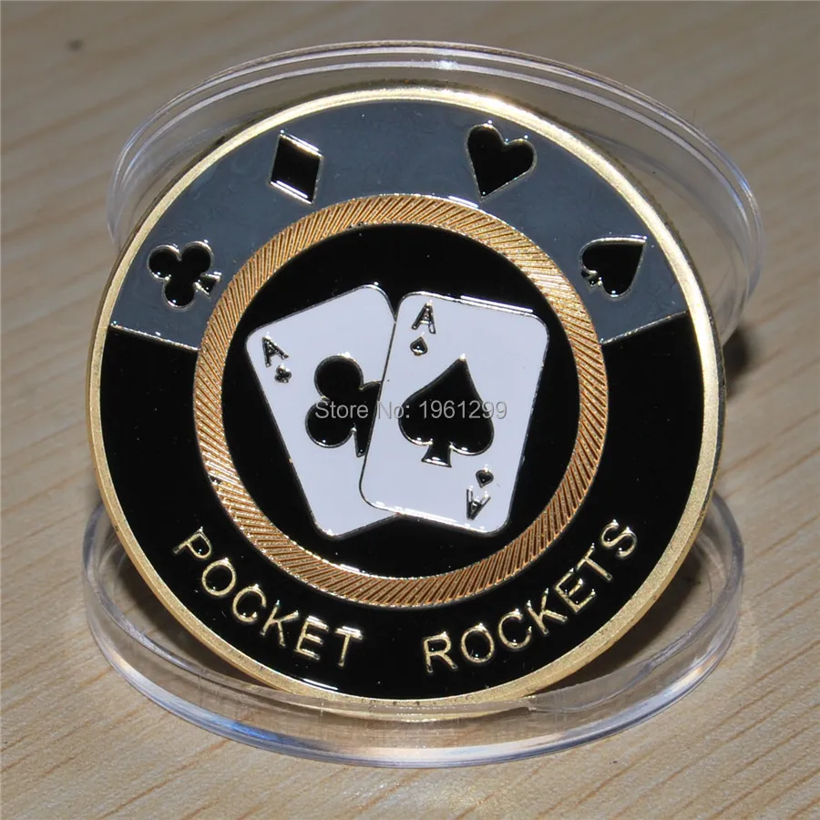 

2pieces/lot POCKET ROCKETS Gold color Poker Card Guard Cover +Brazil's poker Coin