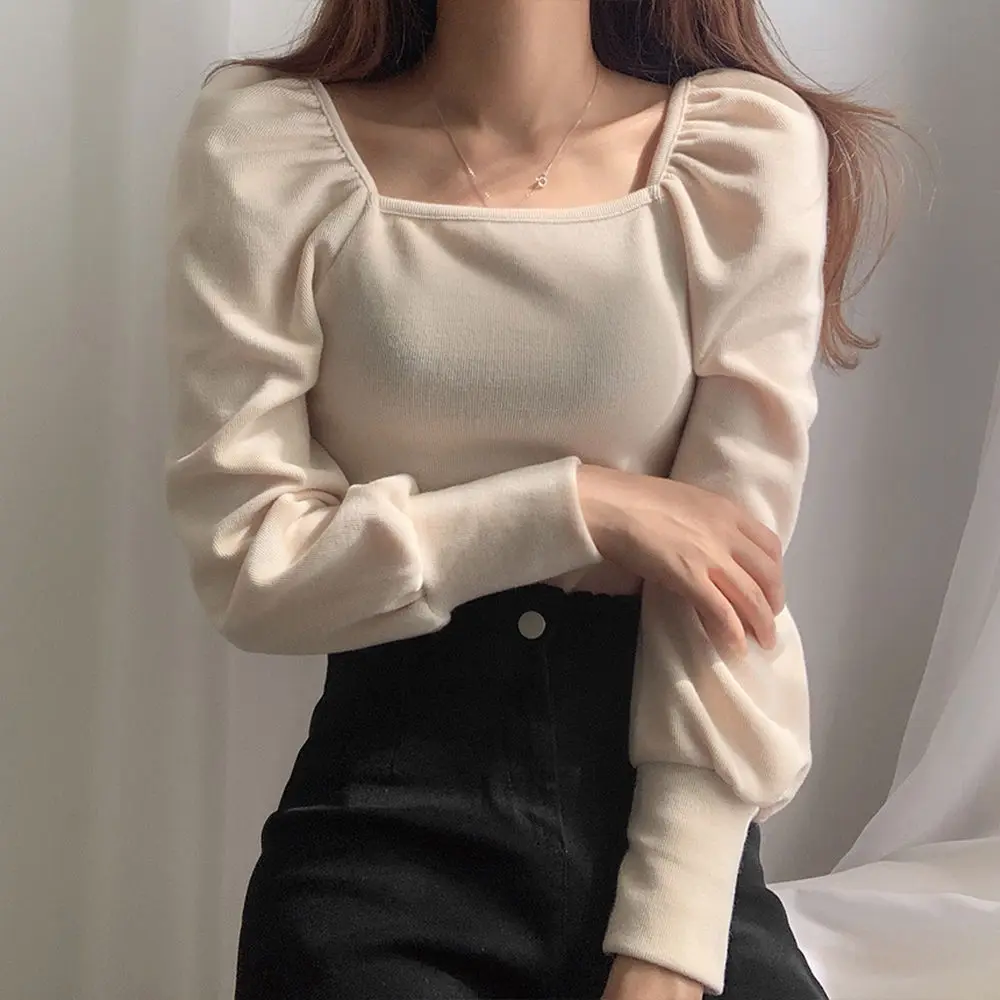 Neploe Autumn Winter Bottom Pull Femme Vintage Square Collar Pullover Knitwear Women Puff Sleeve Solid Slim Knitted Tops 55236