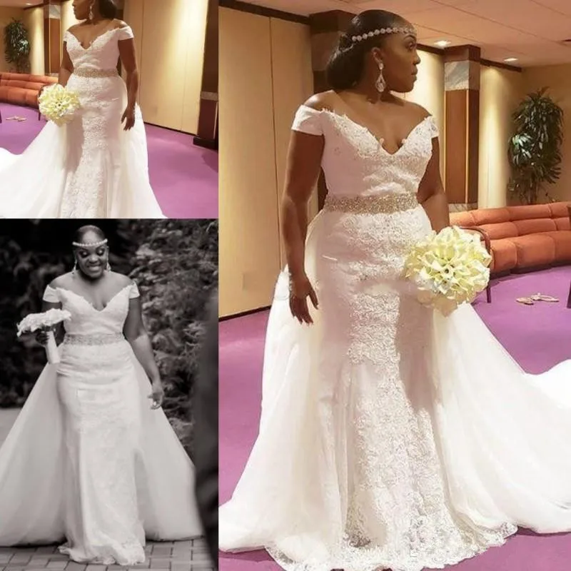 

2020 New African Plus Size Wedding Dresses With Detachable Train Off The Shoulder Lace Crystal Belt Garden Mermaid Bridal Gowns