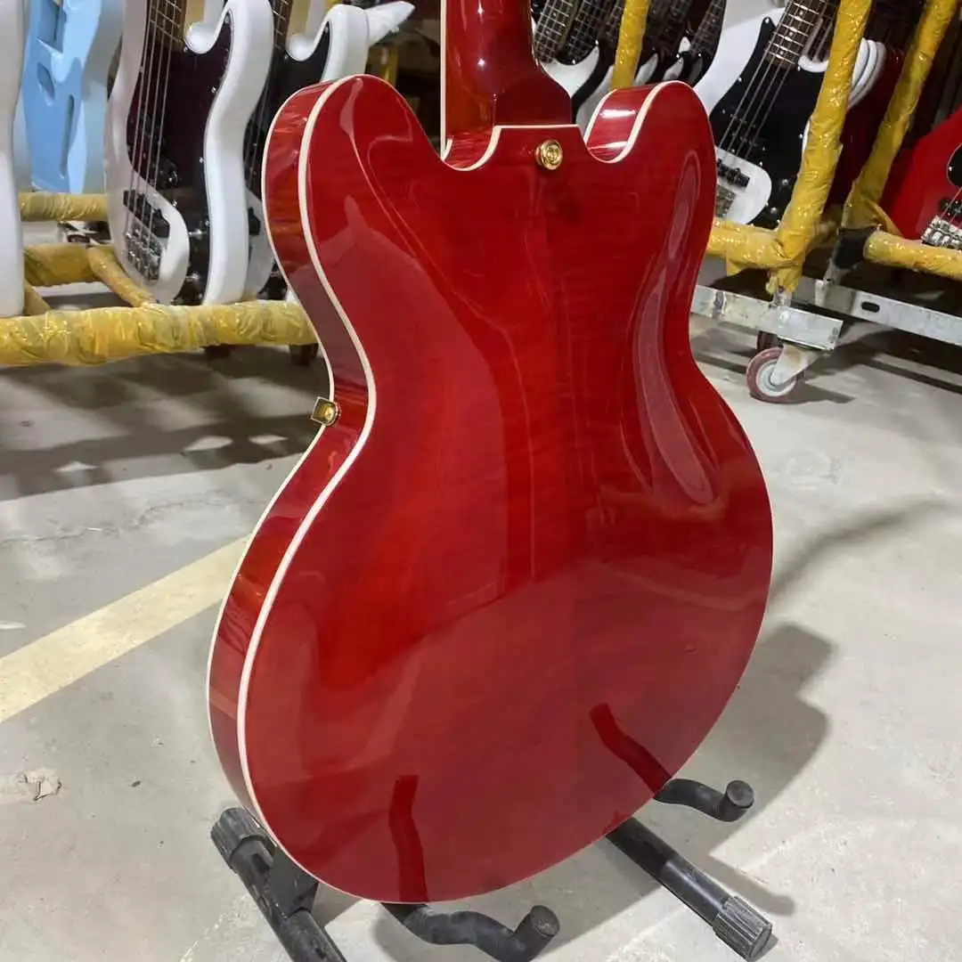 

Custom Semi Hollow Body Jazz Electric Guitar Transparent Red Tiger Maple Top & Back & Side Golden Hardware Free Shipping