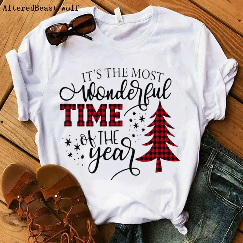 

Women plaid tree print Christmas T-shirt female graphic tops women white clothes fashion christmas short sleeve cute t-shirt