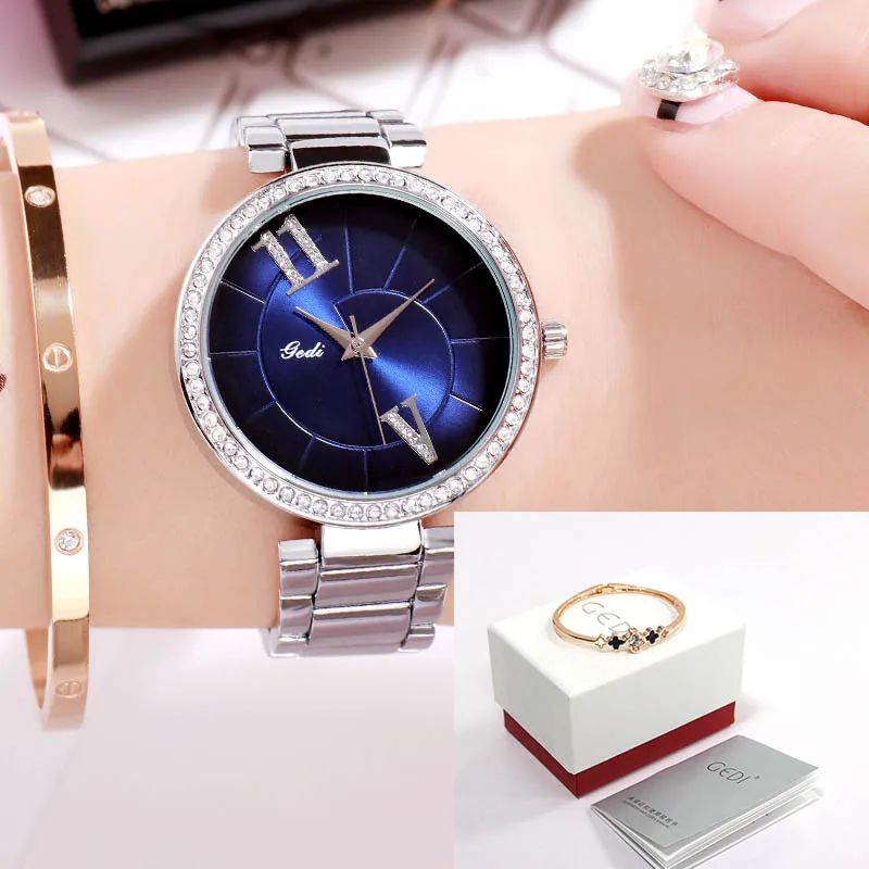 Silver blue box GEDI модные элегантные женские часы с ремешком из сплава розового золота кварцевые наручные часы женские роскошные стразы уникальный дизайн часы с буквами - Цвет: Silver blue box