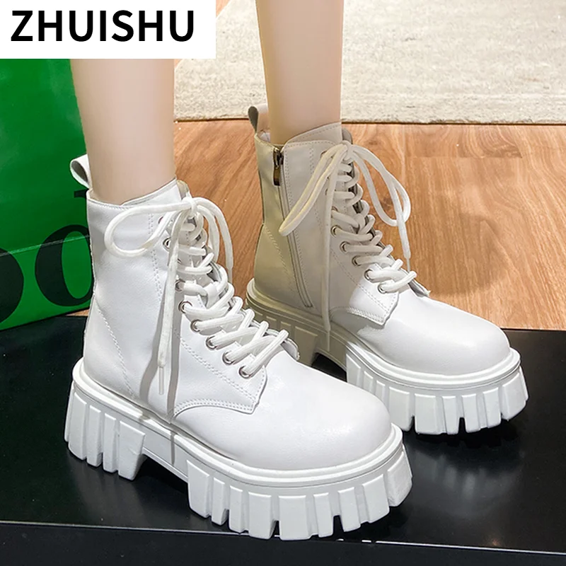 

Женские мотоциклетные ботильоны из ПУ кожи, на платформе, с круглым носком, на шнуровке, с боковой молнией, осень 2021