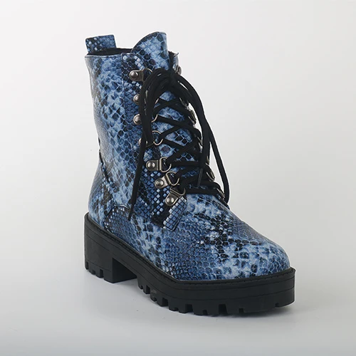 blue Г. Сапоги женские сапоги панк до лодыжек, змеиная кожа, круглый носок, шнуровка, зимняя обувь Femme Botas Mujer, высокий каблук, большие размеры 36-43 - Цвет: blue