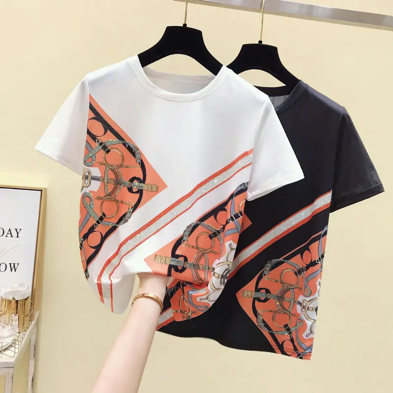 

2021 women's fashion new diamond print white T-shirt loose Casual Short Sleeve Top