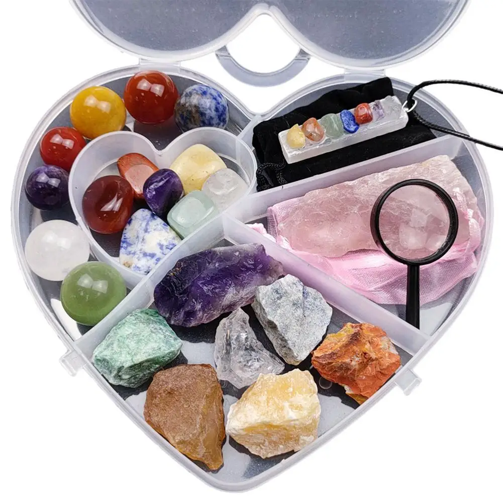 

Комплект натуральных необработанных кристаллов, 7 опутанных чакр, лечебные камни в деревянной коробке, подарочный набор из аметиста, кварца...