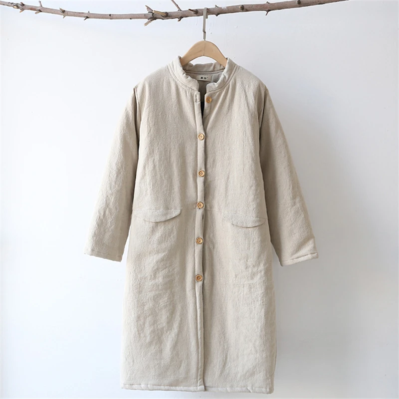 

Hisenky 2019 Autumn Winter New Cotton Linen Parkas Chinese Style Women's Long Coat Warm Thick Cotton-Padded Coat Quilted Jacket