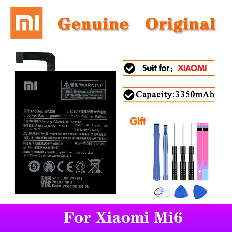 

20pcs/lot Original Battery BM39 For Xiaomi Mi6 High Quality Replacement Phone Li-ion Batteries with Free Tools 3250mAh
