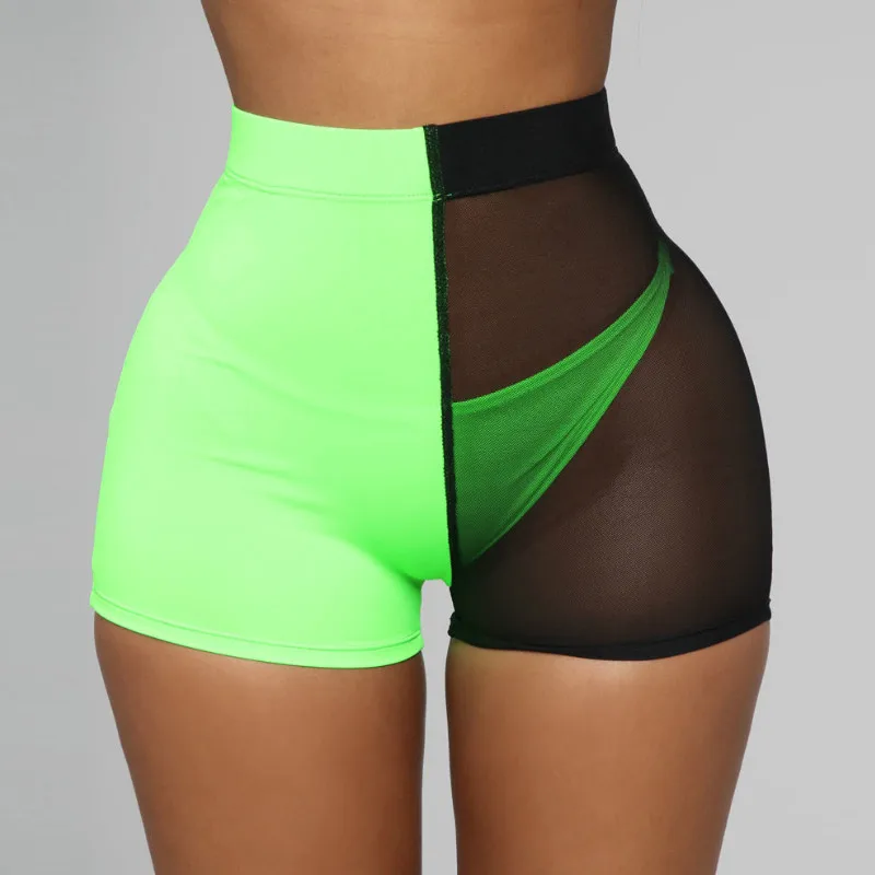 Sexy Green Black Mesh Patchwork See Through High Waist Short Booty Shorts Women Summer Joggers Ladies Bodycon Slim Biker | Женская