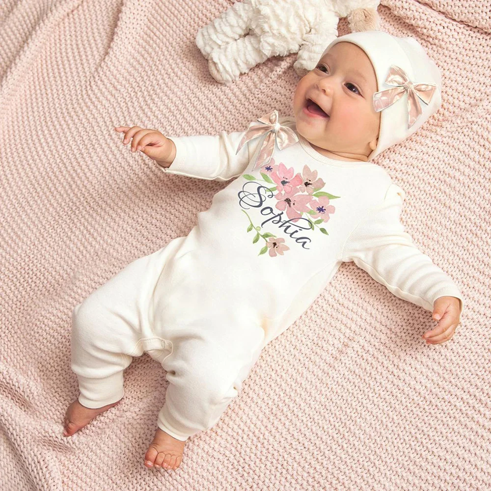 

Custom Newborn Girl Coming Home Outfit, Monogram Baby Girl Outfit, Personalized Baby Girl Romper+hat