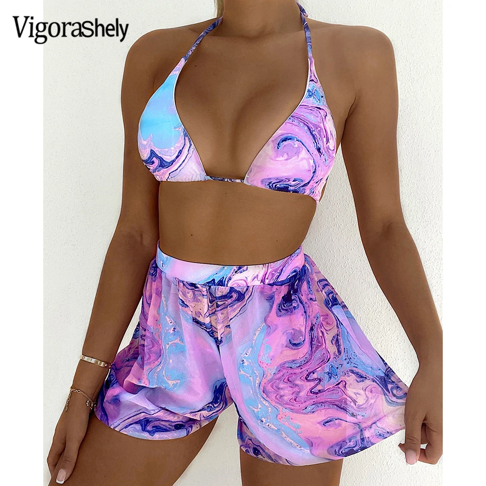 

Vigorashely Halter Swimwear Women Sexy Bikinis Three-piece suit 2021 Rainbow Swimsuit Brazilian Biquini Bathing Suit Beachwear
