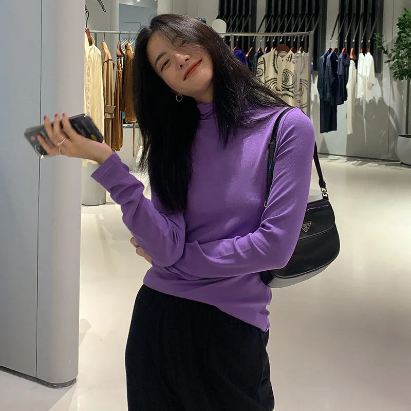 

Мягкая восковая многоцветная Футболка с высоким воротником для женщин 2021 осень/зима бархатный воротник тонкий пуловер с длинными рукавами ...