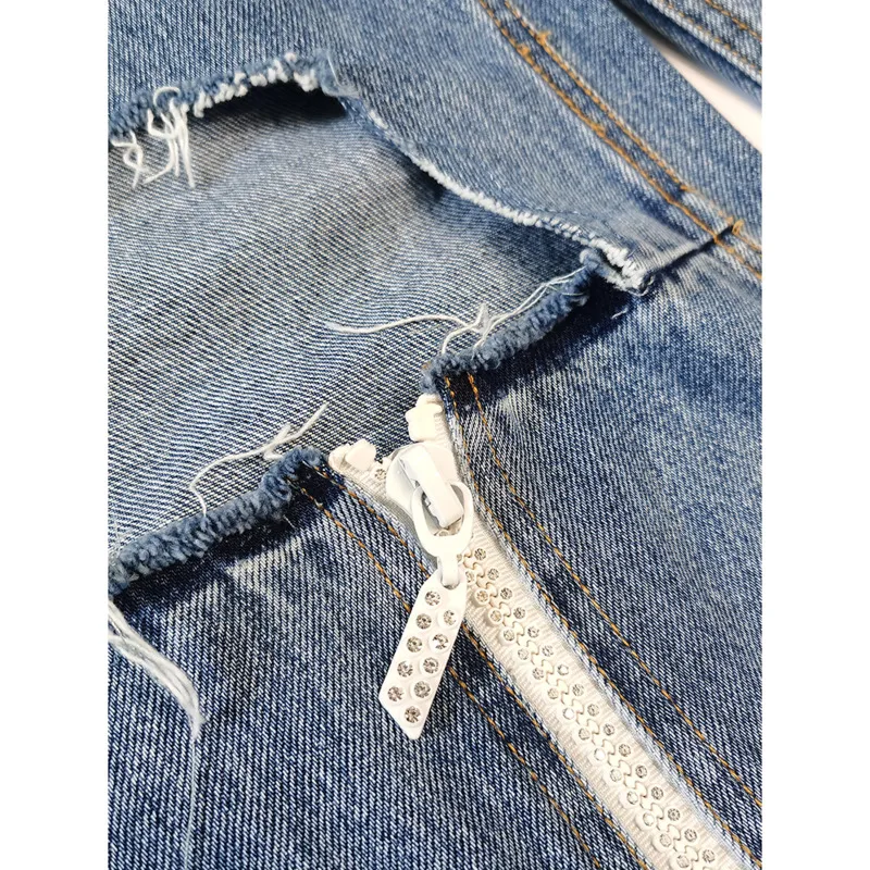 

[DEAT] High Elastic Waist Trousers New Slim Fit Pants Women Blue Distressed Button Fly High Fashion Tide Summer 2021 7E7766