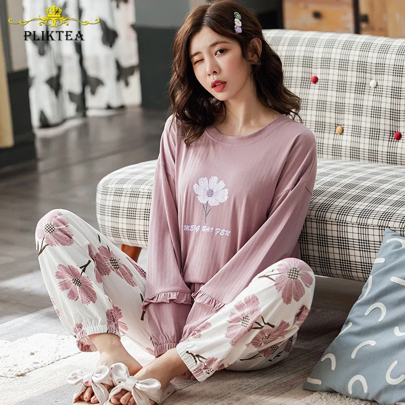 

2021 New Spring Cotton Pajamas for Women Fall Atoff Home Clothes Plus Size Homewear Long Sleeve Cotton Sleepwearw Lounge Wear