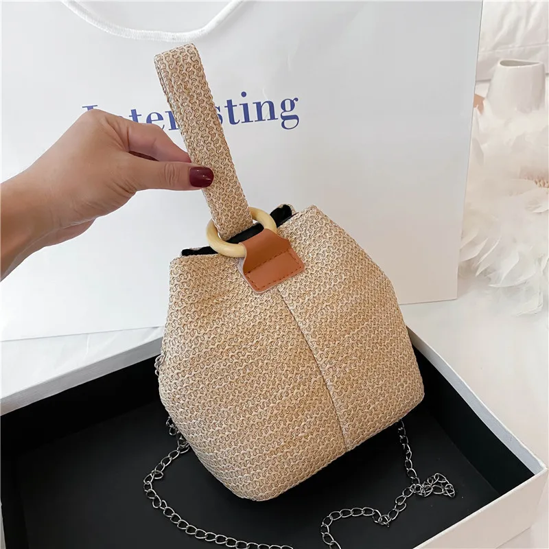

Women Casual Beach Bucket Woven Straw Shoulder Weaving Basket Beach Holiday Handbags Summer Basket Girls Totes Bag Luxury Bag