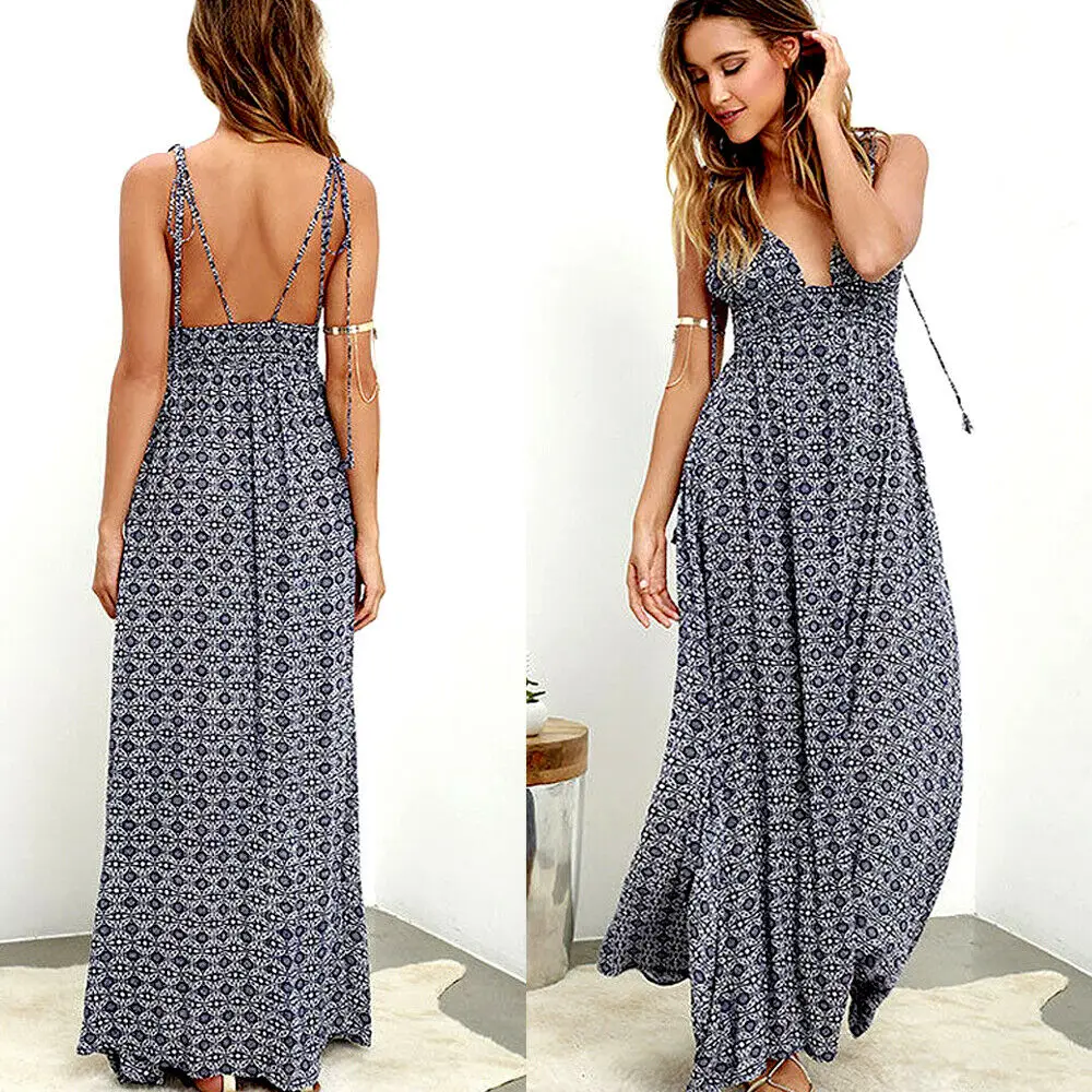 

Women Summer Long Dress Boho Casual Print V-Neck High Waist Backless Sleeveless Sexy Brach Ladies Evening Party Dress Oversize