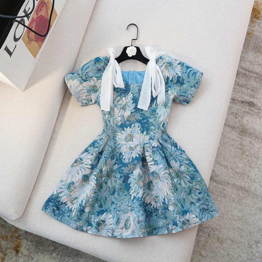 

21 новые летние короткий рукав с круглым вырезом и бантом, Высокая Талия печать и расклешенная юбка, платье с цветочным рисунком