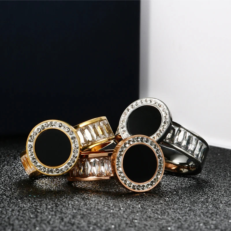 

Fashion Black Shell Square Rhinestone Stainless Steel Ring For Women Men Lover Couple Crystal Wedding Party Finger Jewelry Gifts