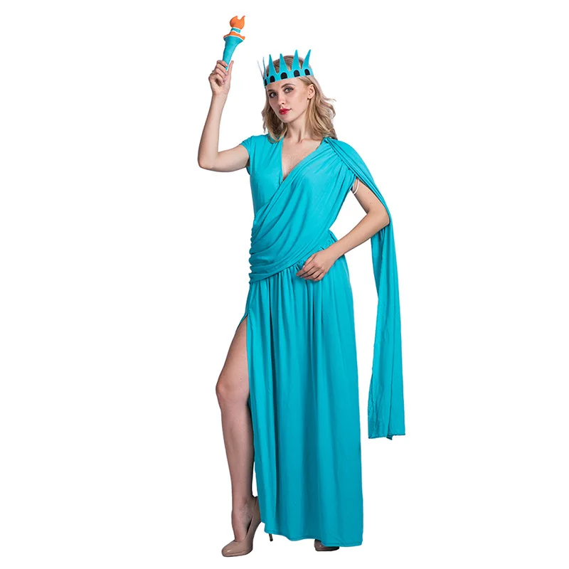 

Women Dress Medieval Statue Of Liberty Costume America Independance Day Party Fancy Dress Maxi Dress Greek Crown Torch