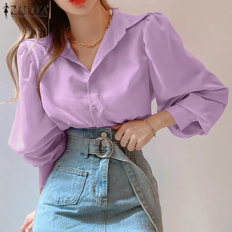 

Модная женская блузка ZANZEA 2021 осенние Открытые Рубашки с буфами на рукавах; Повседневные с отложным воротником, топы со свободным воротником...