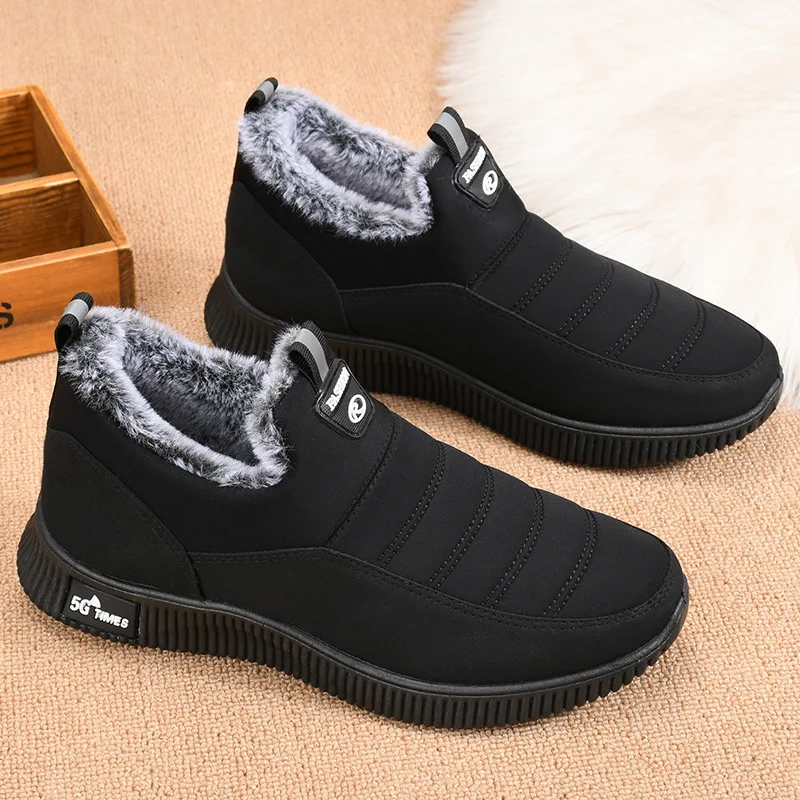

Мужские теплые ботинки без шнуровки, черные уличные повседневные ботинки на меху, с плюшевой подкладкой, теплая обувь для снега, зима 2019