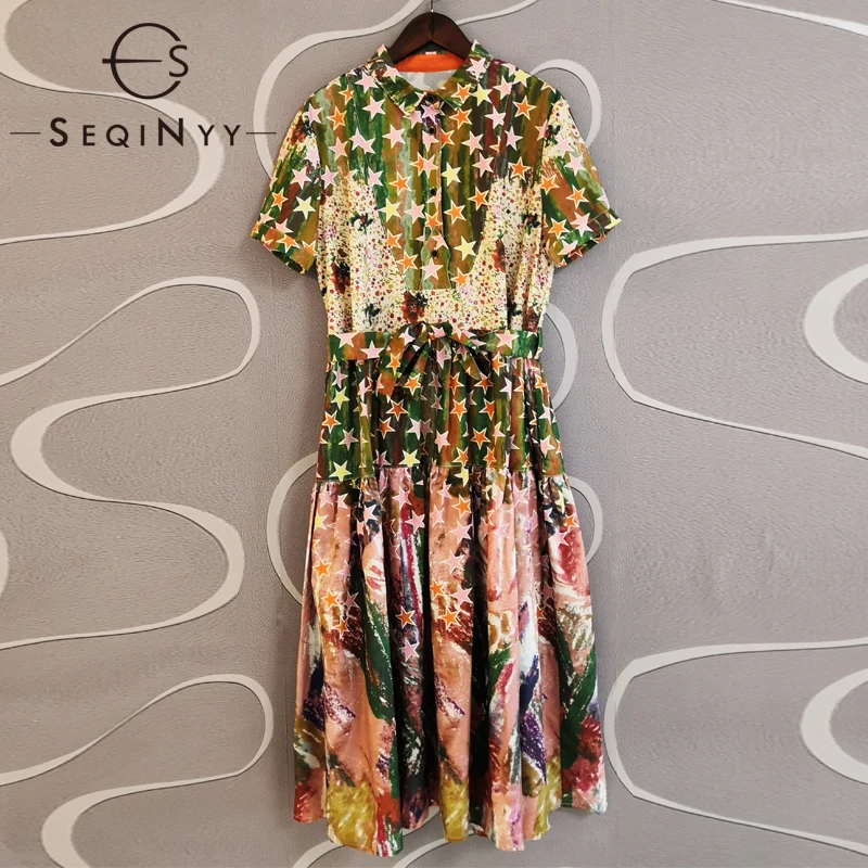 

SEQINYY Casual Midi Dress Summer Spring New Fashion Design Women Star Flowers Vintage Print A-line