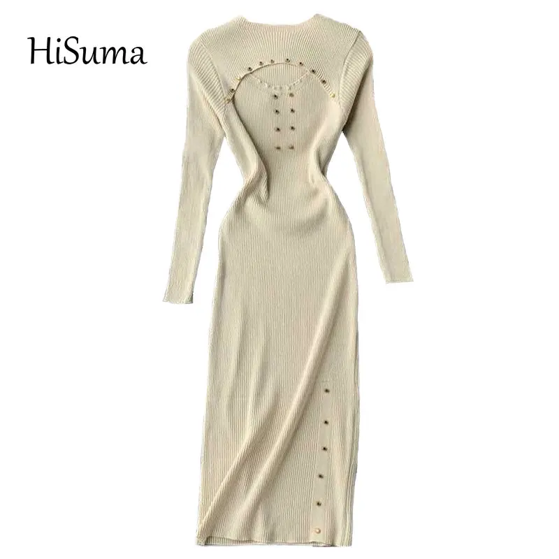 HISUMA Autumn and Winter new women's O-neck long sleeve rivet Hollow Knitted Bottom Dress female elegant sweater sheath dresses | Женская