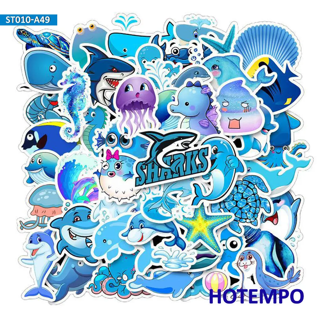 49 шт. голубого океана с мультяшной рыбкой Животный принт наклейки пакет для детей
