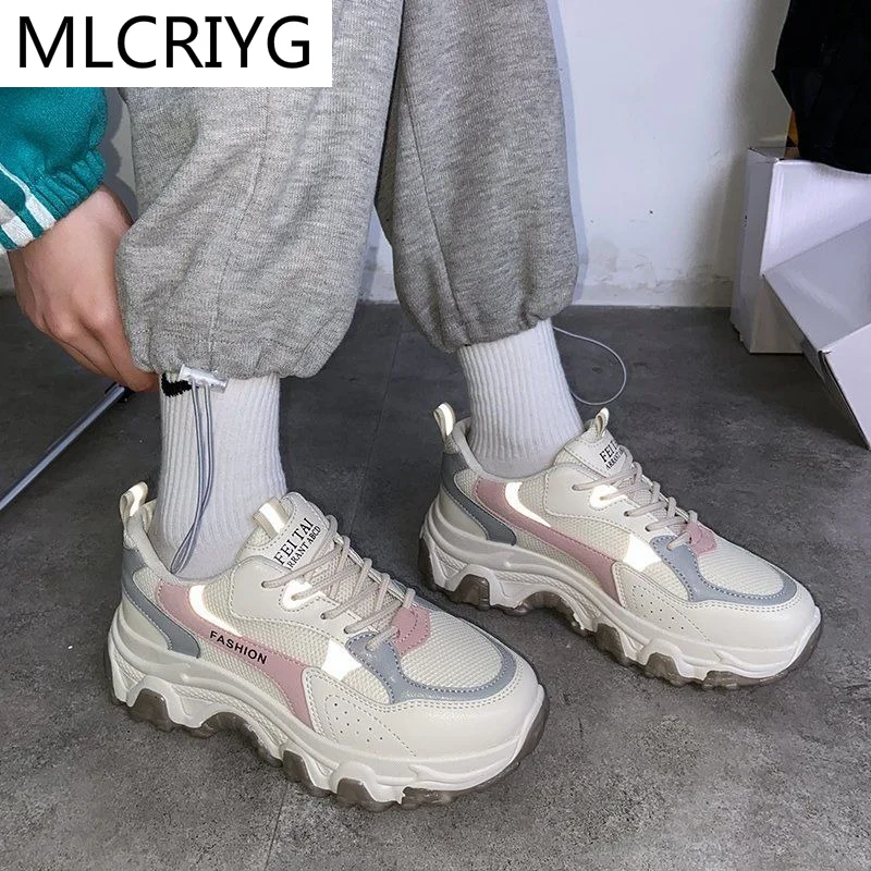 

2021 Women's Shoes New Women's Mesh Breathable Sneakers Spring Comfortable Lace-up Casual Shoes Fashion Walking Platform Shoes