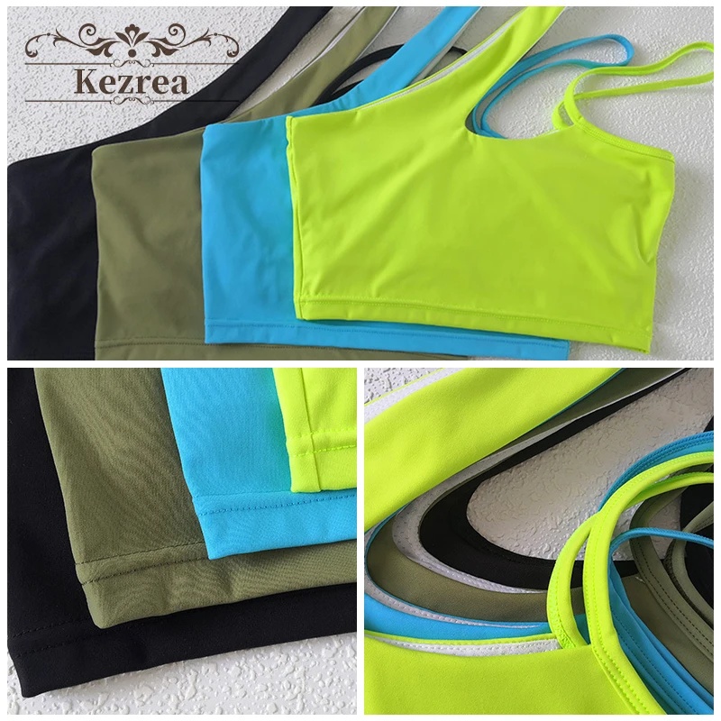 Kezrea 2PCS Fitness yoga suit Sexy Slant shoulder sports bra High Waist Leggings exercise shock proof workout Bra for women |
