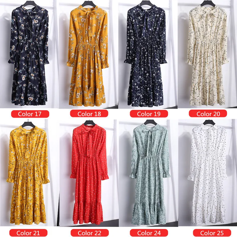 

Chiffon Bow A-line Women Full Sleeve Flower Print Floral Bohemian Dress High Elastic Waist Party Dress Female Vestido Plus Size